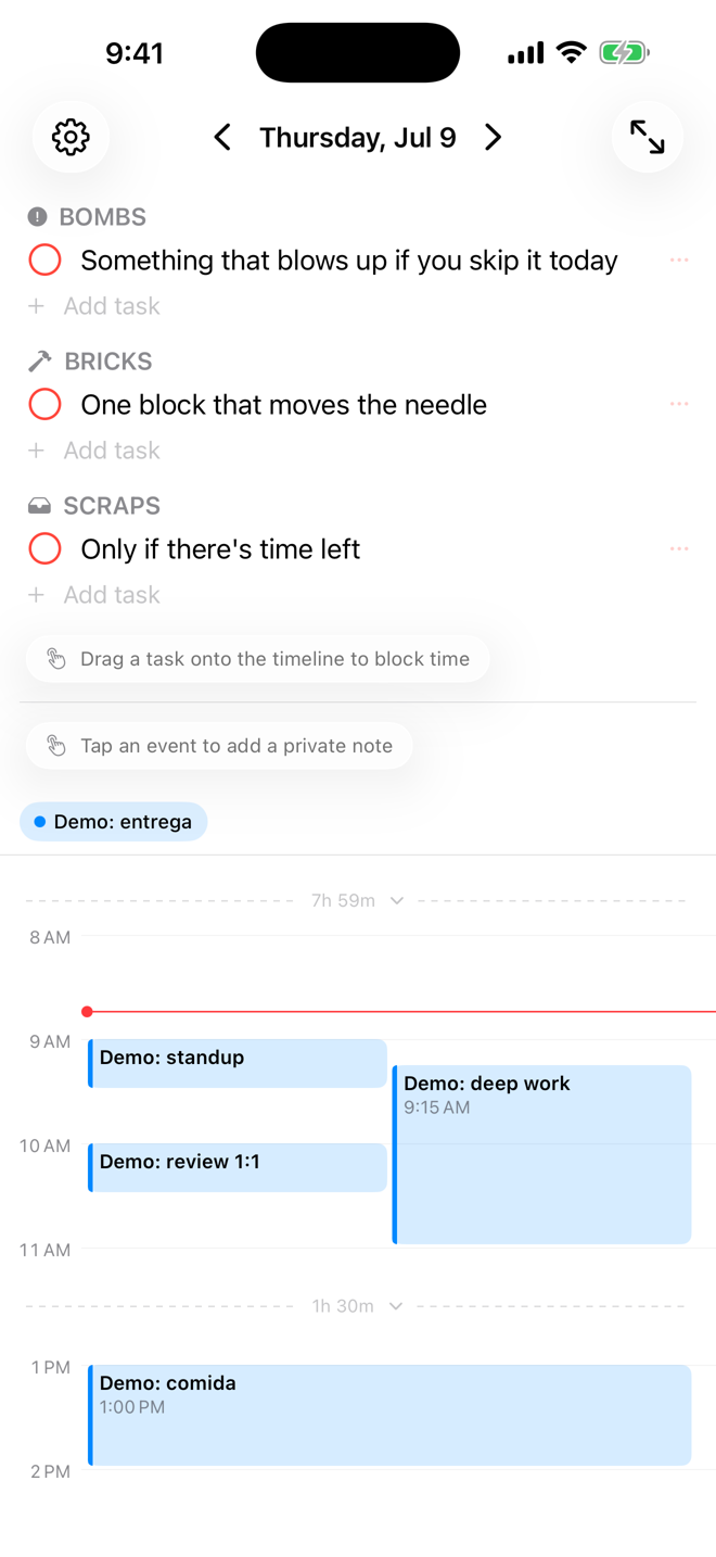 Dayslash day view: three buckets above a compressed timeline with calendar events